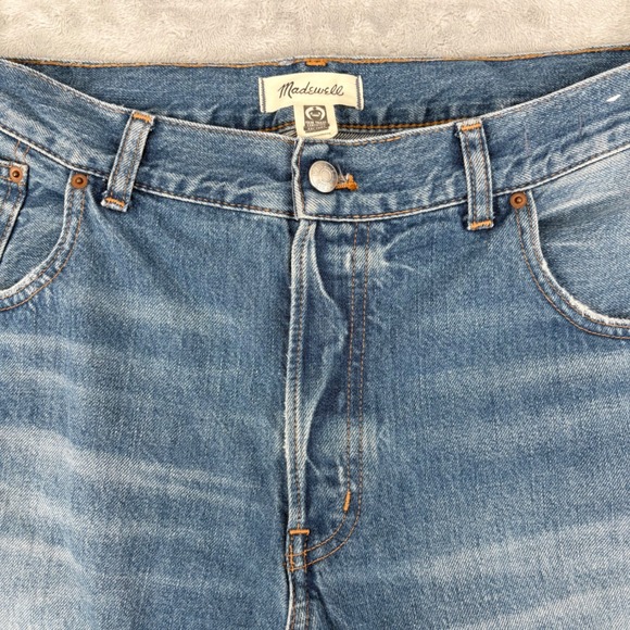 Madewell Jeans Women 32 (Fit 38x29.5) Blue Dean Easy Straight Distressed Raw Hem - Picture 12 of 13